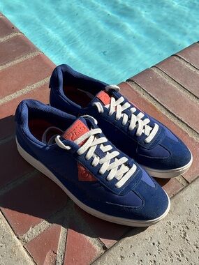 Clarks Blue Suede and Canvas Sneakers with White Laces and Orange Accents